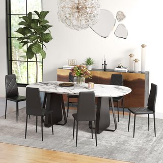 Set di 6 Sedie da Pranzo in Pelle Sintetica, Sedie da Cucina con Schienale Alto con Cuciture a Diamante e Gambe in Acciaio, Sedie Moderne per Cucina, Camera da Letto, Ufficio e Soggiorno, Nero