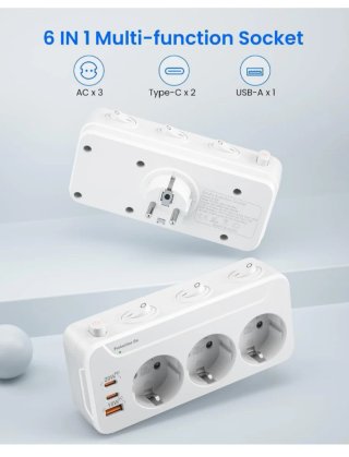 Regleta Enchufes USB C y Tipo A Giratoria