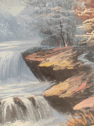 Cuadro Óleo Paisaje Cascada Marco Dorado