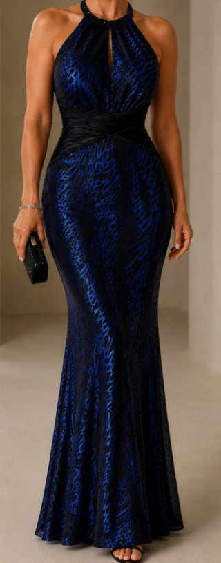Vestido de fiesta largo azul y negro