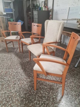Conjunto sillón y 3 sillas tela beige