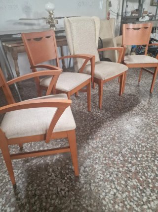Conjunto sillón y 3 sillas tela beige
