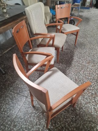 Conjunto sillón y 3 sillas tela beige