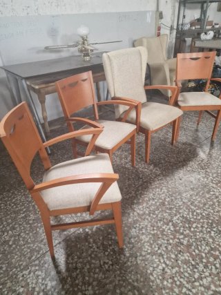 Conjunto sillón y 3 sillas tela beige