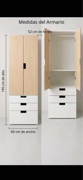 Armario 2 puertas y 3 cajones madera y blanco