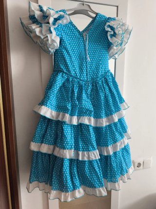 Traje Flamenca Niña Azul Lunares Talla 4-6 años.