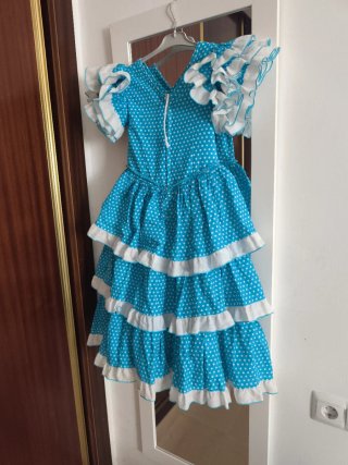 Traje Flamenca Niña Azul Lunares Talla 4-6 años.