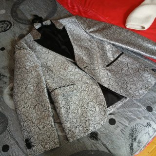 Trajes de chaqueta y pajarita plateado y rojo