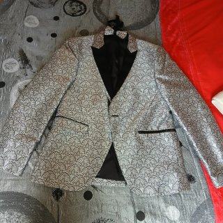 Trajes de chaqueta y pajarita plateado y rojo