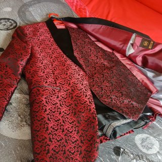 Trajes de chaqueta y pajarita plateado y rojo