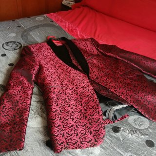 Trajes de chaqueta y pajarita plateado y rojo