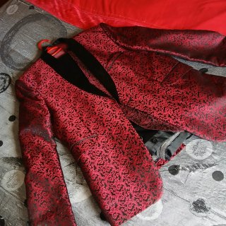 Trajes de chaqueta y pajarita plateado y rojo