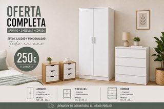 Conjunto Dormitorio: Armario, 2 Mesillas y Cómoda