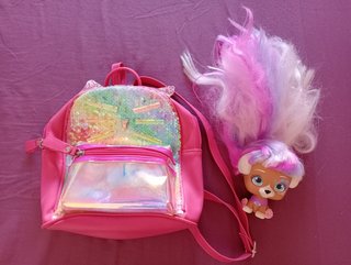 Mochila gatito lentejuelas y muñeco perrito