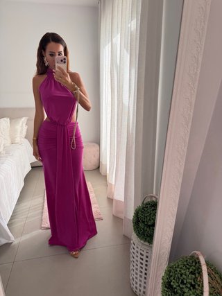 Vestido fiesta fucsia corte cut-out