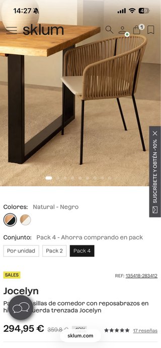 Pack 4 Sillas Comedor Metal/Wicker Beige