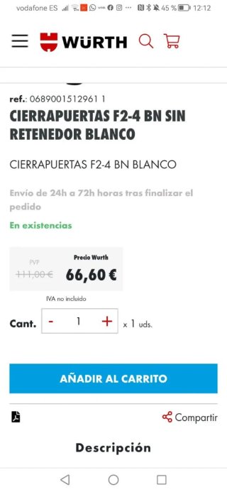 Cierrapuertas Wurth sin retenedor