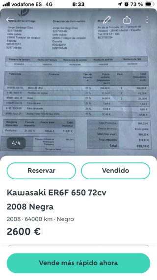 Kawasaki ER6F 650 72cv Negra 2008