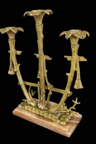 Coppia Candelabri Bronzo Marmo Sagomato 3 Luci