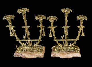 Coppia Candelabri Bronzo Marmo Sagomato 3 Luci