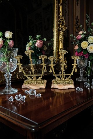 Coppia Candelabri Bronzo Marmo Sagomato 3 Luci