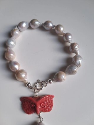 Bracciale Argento 925 Perle Naturali Ciondolo Gufo
