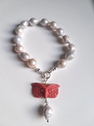 Bracciale Argento 925 Perle Naturali Ciondolo Gufo