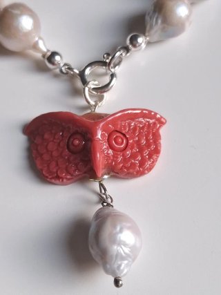 Bracciale Argento 925 Perle Naturali Ciondolo Gufo