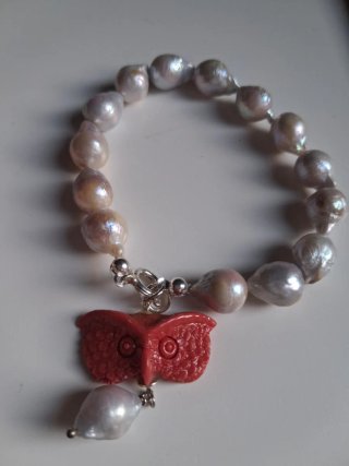 Bracciale Argento 925 Perle Naturali Ciondolo Gufo