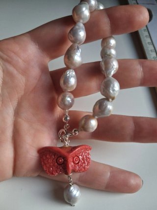 Bracciale Argento 925 Perle Naturali Ciondolo Gufo