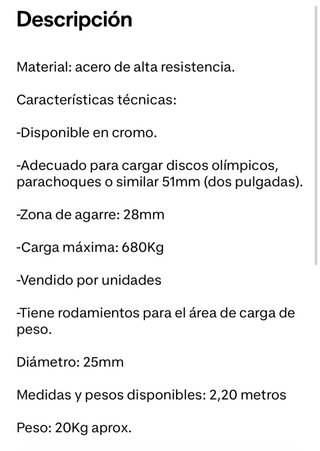 NUEVA Barra Olímpica 50mm 20kg 2.20m Agarre 28mm