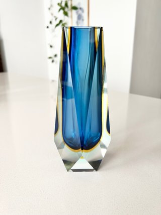 Jarrón Murano Facetado Azul 20cm Años 60
