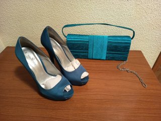 Conjunto Rosa Azul Zapatos y Bolso Fiesta Talla 38