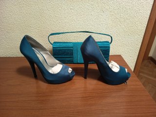 Conjunto Rosa Azul Zapatos y Bolso Fiesta Talla 38