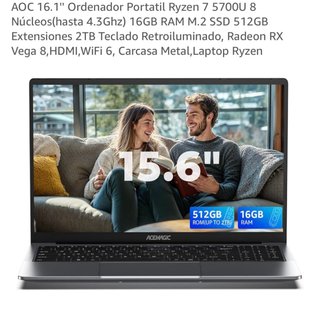 Portátil AOC 16.1 Ryzen 7 5700U 16GB RAM 512GB SSD