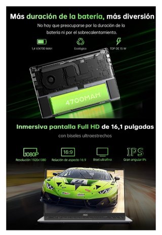 Portátil AOC 16.1 Ryzen 7 5700U 16GB RAM 512GB SSD