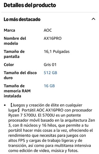 Portátil AOC 16.1 Ryzen 7 5700U 16GB RAM 512GB SSD