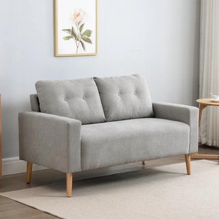 Sofá 2 Plazas con Cojines y Patas de Madera Gris