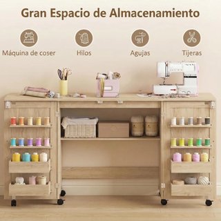 Mesa Costura Plegable con Ruedas Almacenaje Roble