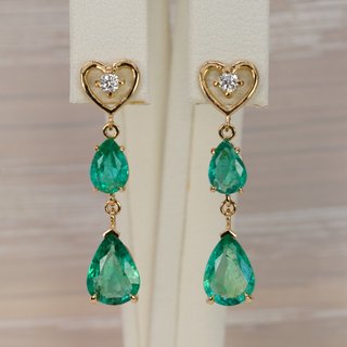 Pendientes Oro 14K Corazón Esmeralda Diamante