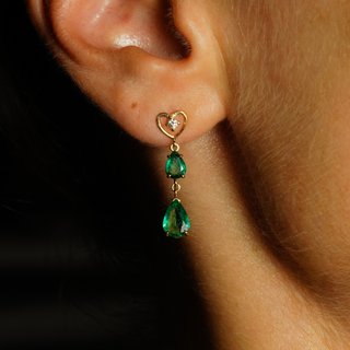 Pendientes Oro 14K Corazón Esmeralda Diamante