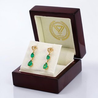 Pendientes Oro 14K Corazón Esmeralda Diamante