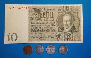 Lote Alemania Weimar 1929 Billete + 4 Monedas