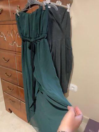 Vestidos strapless gris Mango y verde botella S-M