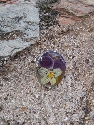 Anillo resina flor pensamiento morado y amarillo