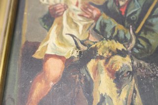Niño sobre vaca con anciano. Reproducción de pintura rusa s.XIX.