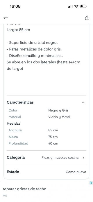 Mesa de cocina extensible cristal negro