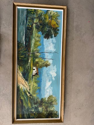 Cuadro paisaje río y casa