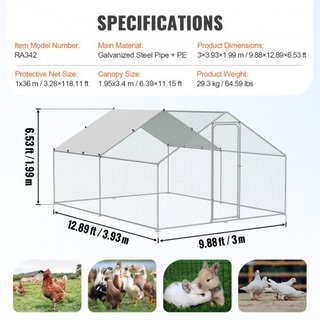 Gran Gallinero de Metal, 9.8x12.9x6.5 pies, Corrales para Pollos de Entrada para el Jardín con Cubierta, Casa para Gallinas con Techo en Espira y Cerradura de Seguridad para Exterior y Jardín, Gra...