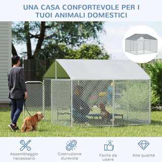 Box per Cani da Esterno, Recinto per Animali, Box per Cani da Esterno con Tetto Impermeabile, 230X230X175Cm, Argento